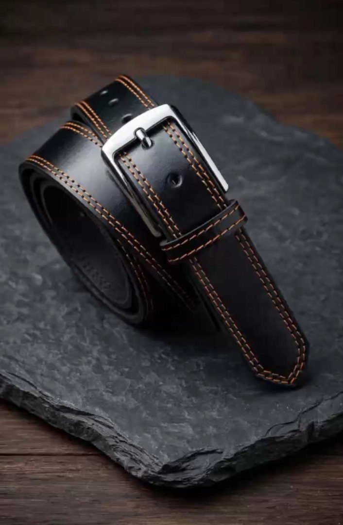 Black Leather Belt with Silver Buckle
