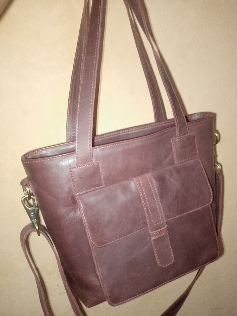 Classic Leather Tote Bag with Front Pocket - view 2