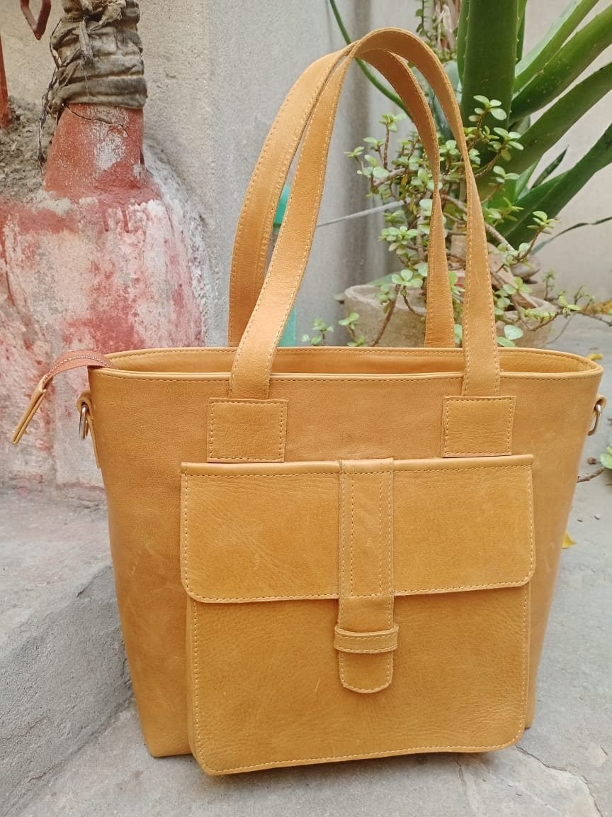 Classic Leather Tote Bag with Front Pocket - view 9