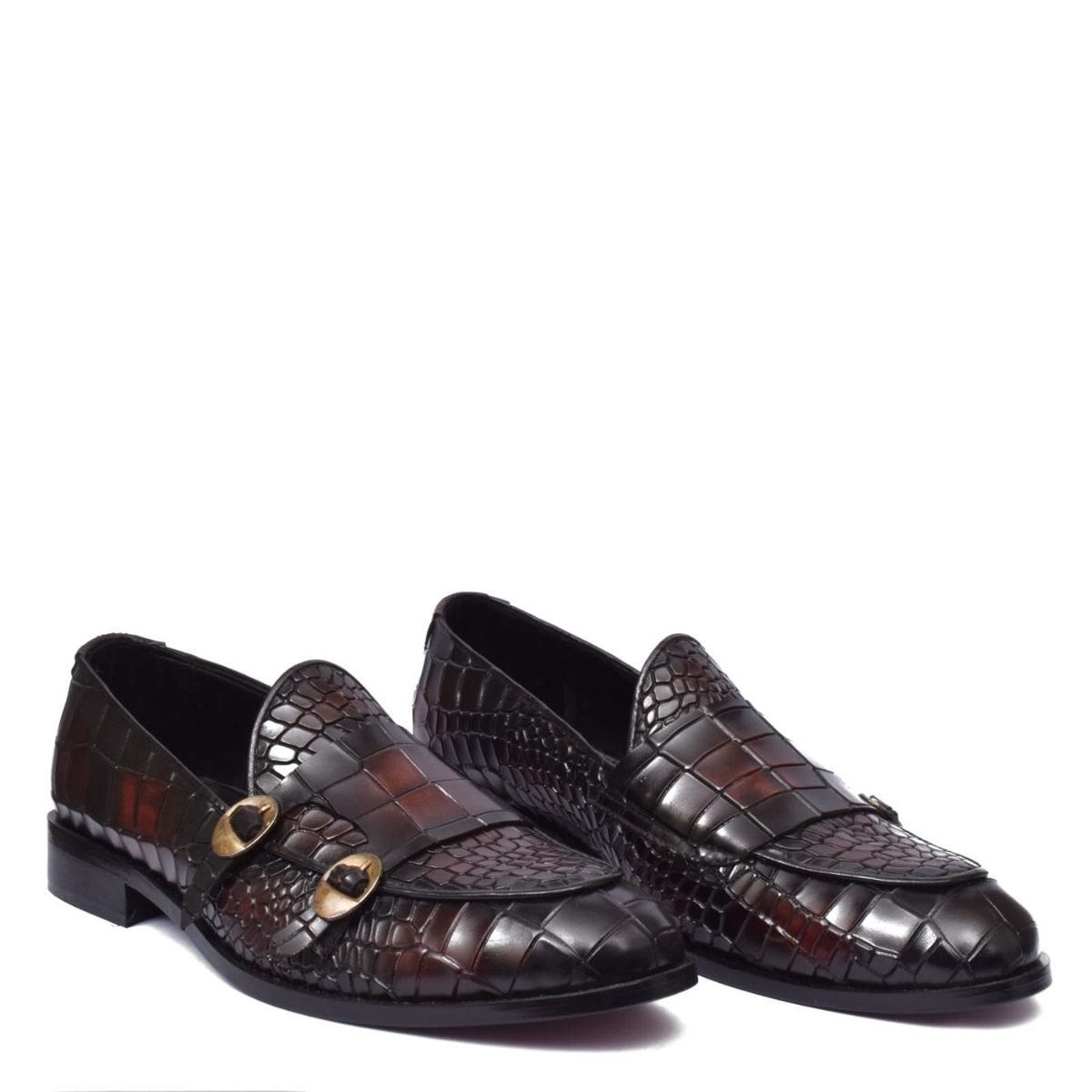 Croc-Embossed Double Monk Strap Shoes