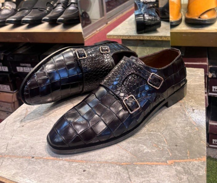 Croc-Embossed Double Monk Strap Shoes - view 3