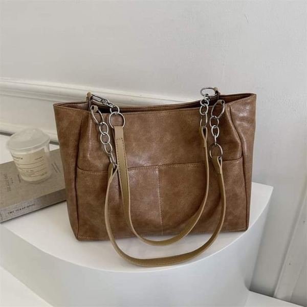 Chain Handle Leather Shoulder Bag